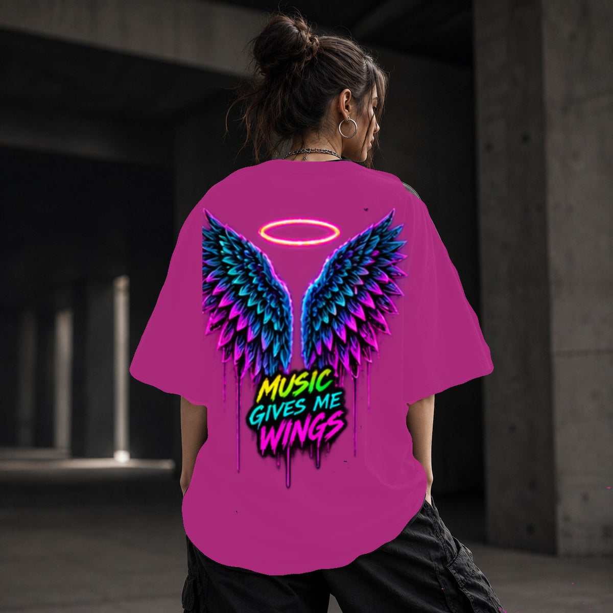 Neon Vibe Damen Oversized T-Shirt – Angel Wings – DTF Backprint in Pink, Größe 5XL