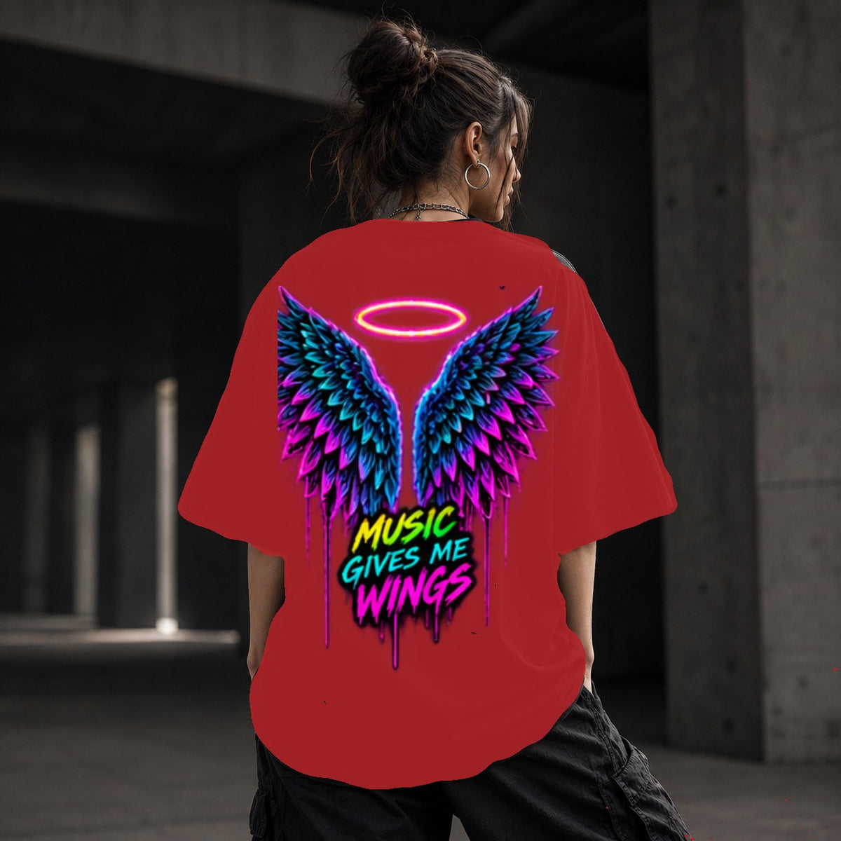 Neon Vibe Damen Oversized T-Shirt – Angel Wings – DTF Backprint in Rot, Größe 5XL