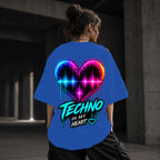 Neon Vibe Damen Oversized T-Shirt – Techno Herz – DTF Backprint in Blau, Größe 5XL