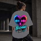 Neon Vibe Damen Oversized T-Shirt – Techno Herz – DTF Backprint in Grau, Größe 5XL