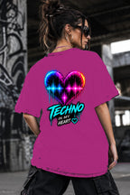 Neon Vibe Damen Oversized T-Shirt – Techno Herz – DTF Backprint in Pink, Größe 5XL