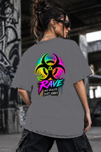 Neon Vibe Damen Oversized T-Shirt – Biohazard Rave – DTF Backprint in Grau, Größe 5XL