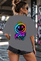 Neon Vibe Damen Oversized T-Shirt – Rave Crown Smiley – DTF Backprint in Grau, Größe 5XL