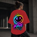 Neon Vibe Damen Oversized T-Shirt – Rave Crown Smiley – DTF Backprint in Rot, Größe 5XL