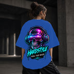 Neon Vibe Damen Oversized T-Shirt – Hardstyle Skull Bass – DTF Backprint in Blau, Größe 5XL