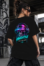 Neon Vibe Damen Oversized T-Shirt – Hardstyle Skull Bass – DTF Backprint in Schwarz, Größe 5XL