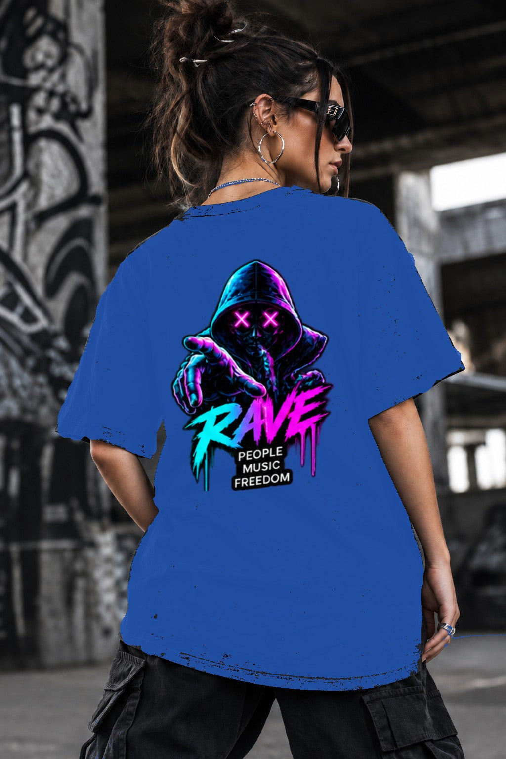 Neon Vibe Damen Oversized T-Shirt – Hooded Rave – DTF Backprint in Blau, Größe 5XL