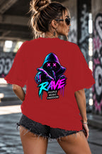 Neon Vibe Damen Oversized T-Shirt – Hooded Rave – DTF Backprint in Rot, Größe 5XL
