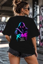 Neon Vibe Damen Oversized T-Shirt – Hooded Rave – DTF Backprint in Schwarz, Größe 5XL