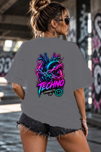 Neon Vibe Damen Oversized T-Shirt – Chained Hand Techno – DTF Backprint in Grau, Größe 5XL