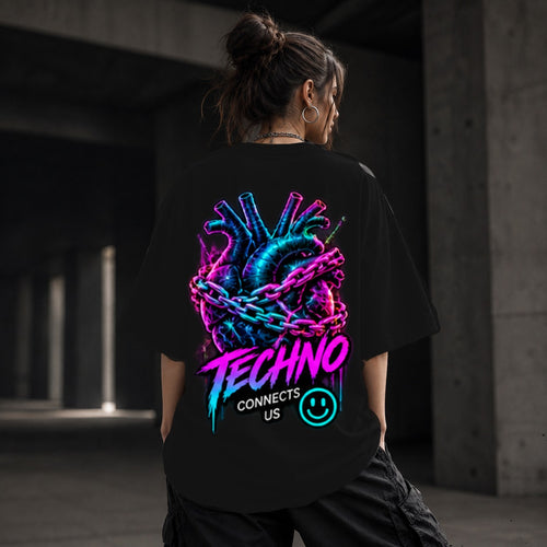 Neon Vibe Damen Oversized T-Shirt – Chained Hand Techno – DTF Backprint in Schwarz, Größe 5XL