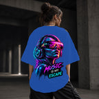 Neon Vibe Damen Oversized T-Shirt – Music VR Girl – DTF Backprint in Blau, Größe 5XL