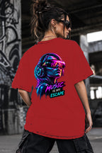 Neon Vibe Damen Oversized T-Shirt – Music VR Girl – DTF Backprint in Rot, Größe 5XL