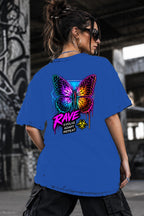 Neon Vibe Damen Oversized T-Shirt – Neon Butterfly – DTF Backprint in Blau, Größe 5XL