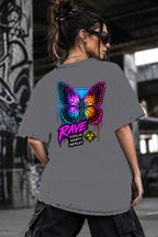 Neon Vibe Damen Oversized T-Shirt – Neon Butterfly – DTF Backprint in Grau, Größe 5XL