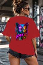 Neon Vibe Damen Oversized T-Shirt – Neon Butterfly – DTF Backprint in Rot, Größe 5XL