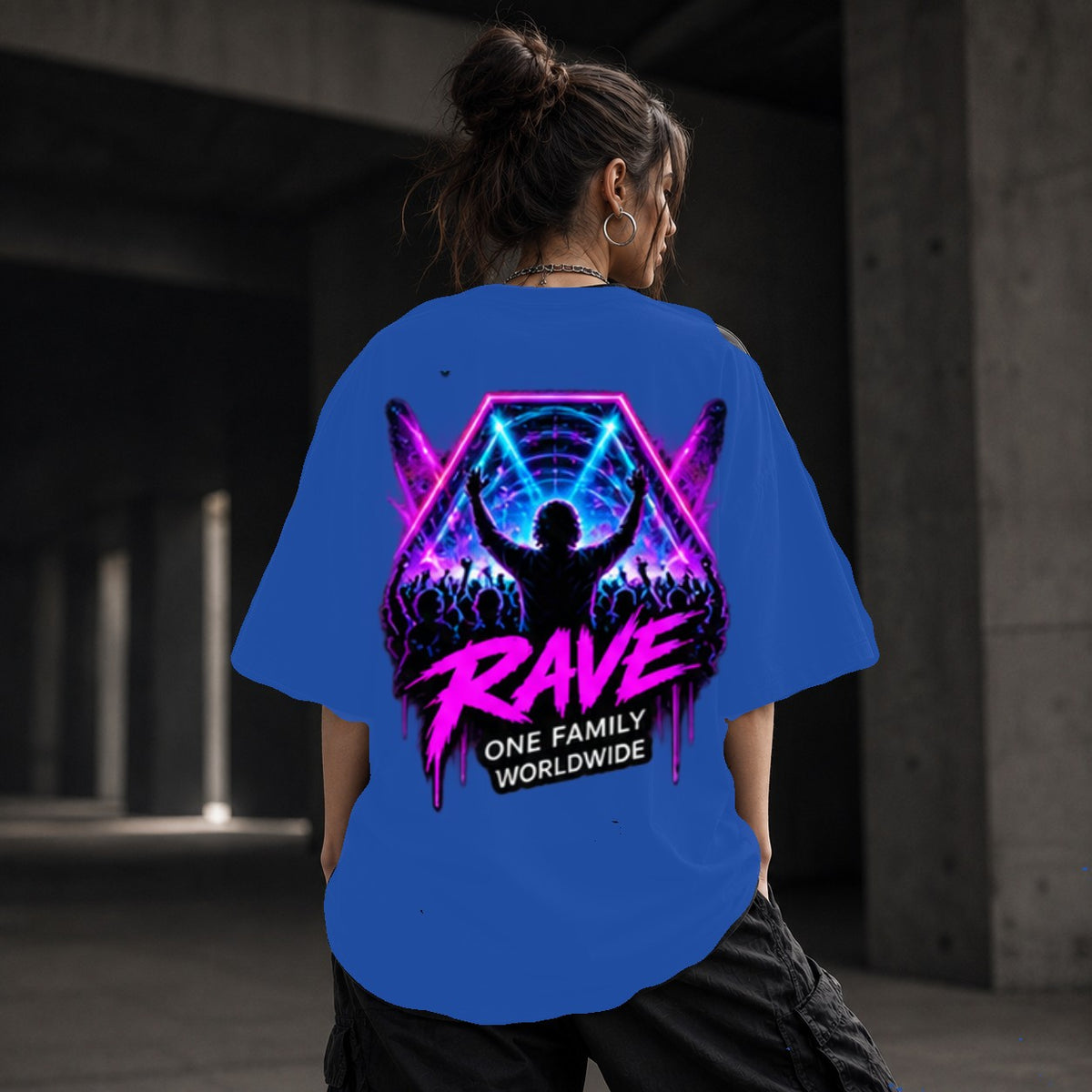 Neon Vibe Damen Oversized T-Shirt – Rave Stage – DTF Backprint in Blau, Größe 5XL