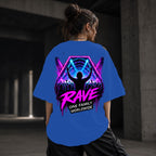 Neon Vibe Damen Oversized T-Shirt – Rave Stage – DTF Backprint in Blau, Größe 5XL