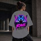 Neon Vibe Damen Oversized T-Shirt – Rave Stage – DTF Backprint in Grau, Größe 5XL