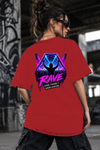 Neon Vibe Damen Oversized T-Shirt – Rave Stage – DTF Backprint in Rot, Größe 5XL