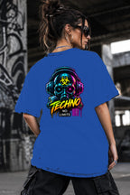 Neon Vibe Damen Oversized T-Shirt – Biohazard Skull – DTF Backprint in Blau, Größe 5XL