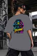 Neon Vibe Damen Oversized T-Shirt – Biohazard Skull – DTF Backprint in Grau, Größe 5XL