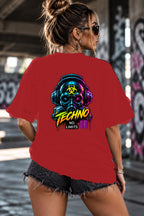 Neon Vibe Damen Oversized T-Shirt – Biohazard Skull – DTF Backprint in Rot, Größe 5XL