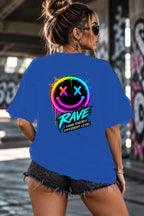 Neon Vibe Damen Oversized T-Shirt – Rave Smiley – DTF Backprint in Blau, Größe 5XL