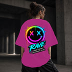 Neon Vibe Damen Oversized T-Shirt – Rave Smiley – DTF Backprint in Pink, Größe 5XL