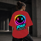 Neon Vibe Damen Oversized T-Shirt – Rave Smiley – DTF Backprint in Rot, Größe 5XL
