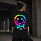 Neon Vibe Damen Oversized T-Shirt – Rave Smiley – DTF Backprint in Schwarz, Größe 5XL
