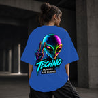 Neon Vibe Damen Oversized T-Shirt – Neon Alien – DTF Backprint in Blau, Größe 5XL
