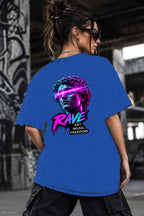 Neon Vibe Damen Oversized T-Shirt – Laser Statue – DTF Backprint in Blau, Größe 5XL