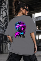 Neon Vibe Damen Oversized T-Shirt – Laser Statue – DTF Backprint in Grau, Größe 5XL