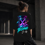 Neon Vibe Damen Oversized T-Shirt – Neon Sanduhr – DTF Backprint in Schwarz, Größe 5XL