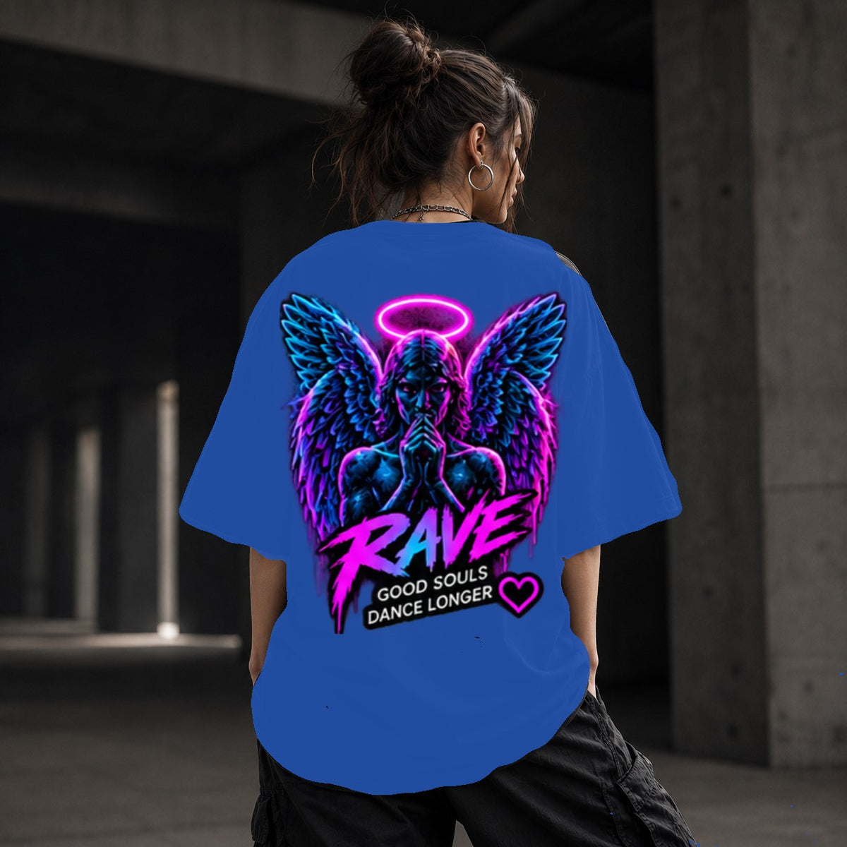 Neon Vibe Damen Oversized T-Shirt – Neon Angel – DTF Backprint in Blau, Größe 5XL
