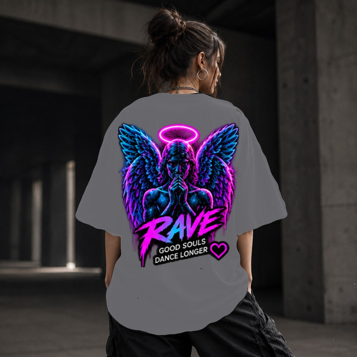 Neon Vibe Damen Oversized T-Shirt – Neon Angel – DTF Backprint in Grau, Größe 5XL