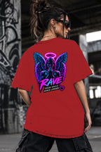 Neon Vibe Damen Oversized T-Shirt – Neon Angel – DTF Backprint in Rot, Größe 5XL