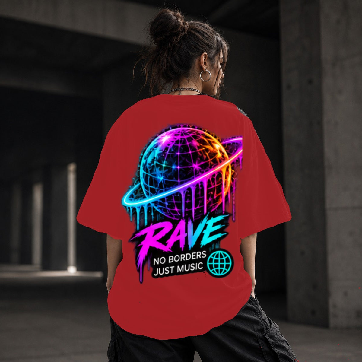 Neon Vibe Damen Oversized T-Shirt – Neon Planet – DTF Backprint in Rot, Größe 5XL