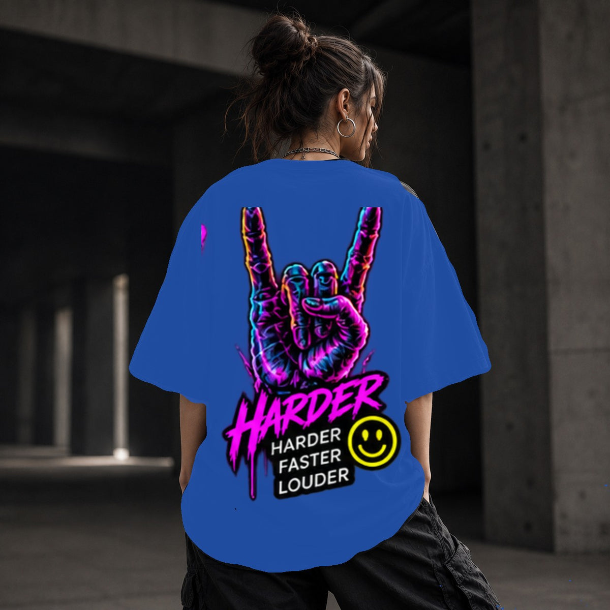 Neon Vibe Damen Oversized T-Shirt – Rock Hand – DTF Backprint in Blau, Größe 5XL