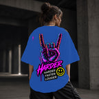 Neon Vibe Damen Oversized T-Shirt – Rock Hand – DTF Backprint in Blau, Größe 5XL