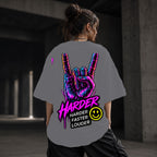 Neon Vibe Damen Oversized T-Shirt – Rock Hand – DTF Backprint in Grau, Größe 5XL