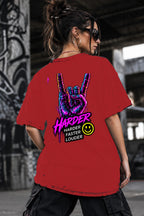 Neon Vibe Damen Oversized T-Shirt – Rock Hand – DTF Backprint in Rot, Größe 5XL