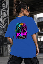 Neon Vibe Damen Oversized T-Shirt – Rave Skull Crown – DTF Backprint in Blau, Größe 5XL