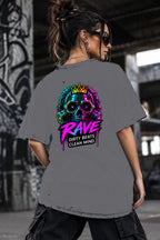 Neon Vibe Damen Oversized T-Shirt – Rave Skull Crown – DTF Backprint in Grau, Größe 5XL