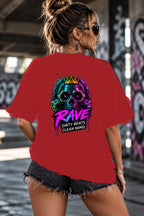 Neon Vibe Damen Oversized T-Shirt – Rave Skull Crown – DTF Backprint in Rot, Größe 5XL
