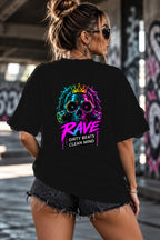 Neon Vibe Damen Oversized T-Shirt – Rave Skull Crown – DTF Backprint in Schwarz, Größe 5XL
