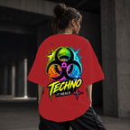 Neon Vibe Damen Oversized T-Shirt – Biohazard Symbol – DTF Backprint in Rot, Größe 5XL
