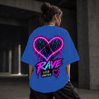 Neon Vibe Damen Oversized T-Shirt – Rave Heart – DTF Backprint in Blau, Größe 5XL