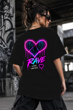 Neon Vibe Damen Oversized T-Shirt – Rave Heart – DTF Backprint in Schwarz, Größe 5XL